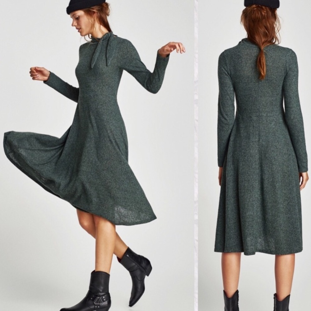 ZARA KNIT COLLECTION SOFT DRESS WITH BOW AT NECK MARL GREEN SMALL S